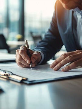 An attentive professional meticulously signing legal documents in a sleek corporate environment.