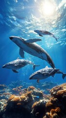 Fototapeta premium A group of whales interacting dynamically in an underwater scene.