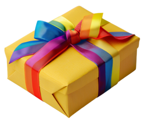 A vibrant yellow gift box adorned with a colorful ribbon, perfect for any occasion, showcasing festive spirit and joy.