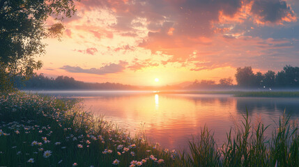 Obraz premium A serene nature scene at sunset with vibrant sky reflecting on calm water