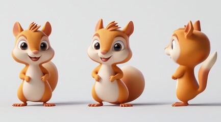 Cute 3D-rendered cartoon squirrel in different poses on white background, perfect for children's content and animation projects.