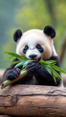 Obraz premium A panda eating fresh bamboo in a sunny, shaded part of the forest.