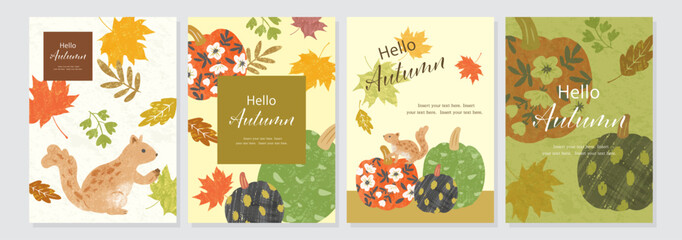 Stylish vector design set for ads, banners, posters, and social media featuring illustrations of pumpkins, autumn leaves, and squirrels. A modern autumn postcard set with hand-drawn designs