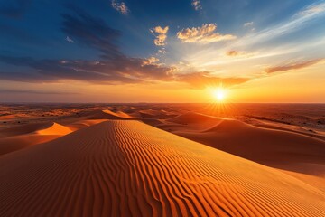 Sunset over the desert of Al Khatim in Abu Dhabi, Emirates. Golden Sand Dune Desert Landscape Panorama. Beautiful sunset over the sand dunes in the Al Khatim in Abu Dhabi, Emirates , ai
