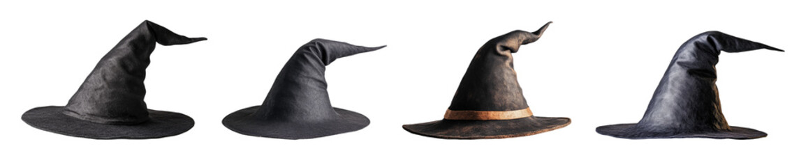 Set of a classic witch hat with a slightly bent tip on white background