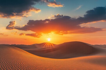 Sunset over the desert of Al Khatim in Abu Dhabi, Emirates. Golden Sand Dune Desert Landscape Panorama. Beautiful sunset over the sand dunes in the Al Khatim in Abu Dhabi, Emirates , ai