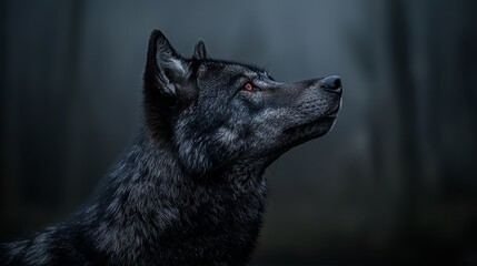 Naklejka premium Black Wolf with Red Eyes Looking Up