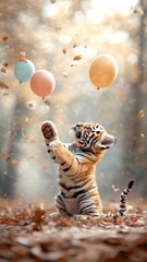 A playful tiger cub celebrating its first birthday, batting at colorful balloons in a sunlit forest.