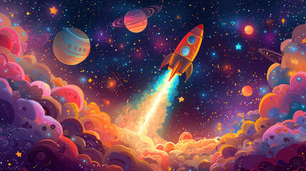 A colorful cartoon spaceship blasting off into vibrant cosmic scene