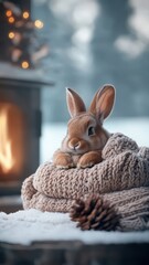Obraz premium A rabbit curled up in a blanket by a fireplace in a snowy cabin setting with a peaceful wintery view outside.