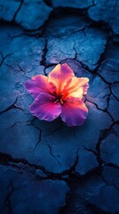 Lone hibiscus flower on cracked earth, illuminated