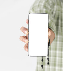 App Advertisement, Excited pretty man holding smartphone with white blank device screen in hand close up to camera, Promotional image, Offer focus. Mobile phone display mockup, Offer focus, close view
