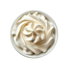 Delicate swirl of creamy whipped topping in a white bowl, perfect for desserts and beverages. Ideal for culinary presentations.