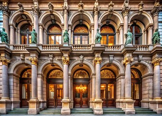 Obraz premium Elegant Beaux-Arts edifice boasts ornate columns, sweeping arches, and exquisitely chiseled sculptures, creating a harmonious blend of artistry and architecture.
