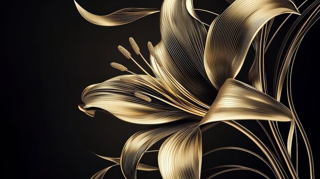 Elegant golden floral artwork with intricate details, showcasing a stylized lily on a dark background, perfect for luxury design concepts.