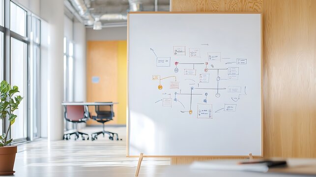 Business plan flowchart on a whiteboard in a conference room, collaborative planning session