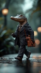 A crocodile in a sleek, black suit, walking on a jungle path, exuding authority and danger.