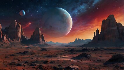 Colorful abstract background view of space from surface of a planet with hills and mountains view in horizon, endless galaxy with nebulas, stars and planets