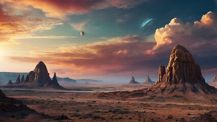 Colorful abstract background view of space from surface of a planet with hills and mountains view in horizon, endless galaxy with nebulas, stars and planets