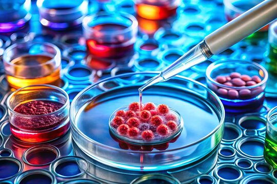 Microscopic analysis of monocyte activation, polymorphonuclear cell infiltration, and tissue damage in a petri dish, with pipettes and tubes on the bench