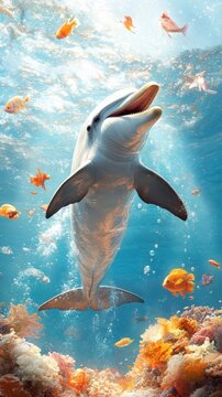 A dolphin singing joyfully surrounded by marine life in an underwater performance.