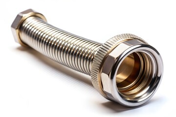 Flexible pipe connector with ribbed texture, metallic housing, and rounded edges, designed for joining washing machine water pipes, with a secure screw-on fit.