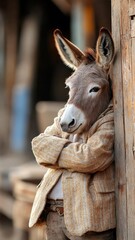 A donkey in a charming suit standing proudly in front of a rustic stable.
