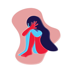 Hand drawn Flat illustration of violence against women or gender violence. Vector illustration women hiding his face with hand.