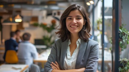 Businesswoman Smiling in Creative Office, Team in Background, Business Theme, Portrait Shot, Plain Office Background, Creative, Team