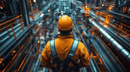 Engineer in safety gear oversees complex industrial plant with intricate piping system, representing engineering and manufacturing.