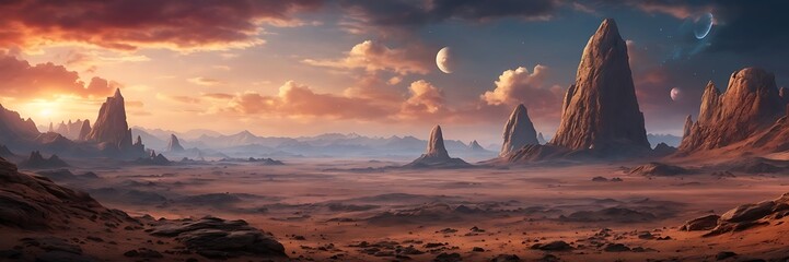Fototapeta premium Abstract colorful background of a unique beautiful fantasy space with planets and stars from land view with mountains and dusty hills 