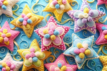 Vibrant star-shaped ornaments patterned with layers of soft, fluffy fabric in shades of pink, blue, and yellow, delicately arranged with swirls and dots.