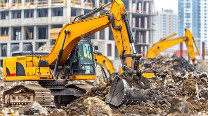 A construction site featuring heavy excavators working on debris and earth.