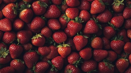Fresh, ripe strawberries fill the frame with vibrant red color, showcasing their natural sweetness and healthy appeal.