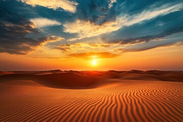 Sunset over the desert of Al Khatim in Abu Dhabi, Emirates. Golden Sand Dune Desert Landscape Panorama. Beautiful sunset over the sand dunes in the Al Khatim in Abu Dhabi, Emirates , ai
