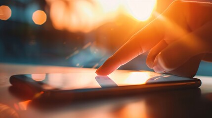 Macro shot of hand tapping smartphone display against cozy backdrop.