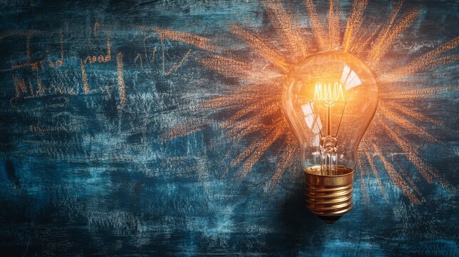 Glowing light bulb symbolizing idea, innovation, and creativity, with chalkboard background filled with diagrams and equations. - Powered by Adobe