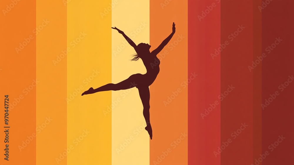 Poster Gymnast silhouette performing a high flip with elegant motion lines capturing the balance between strength and grace Large space for text in center Stock photo with copy space