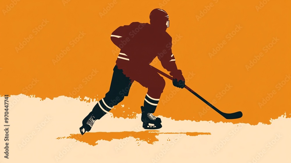 Aufkleber Hockey player silhouette skating forward with sharp motion lines and ice particles flying symbolizing speed and aggression Large space for text in center Stock photo with copy space