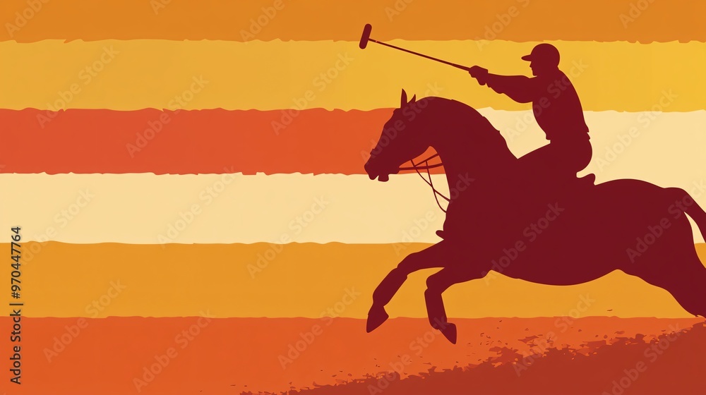 Poster Polo player silhouette riding a horse while swinging a mallet with dynamic motion lines showing control and strength Large space for text in center Stock photo with copy space