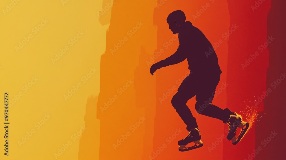 Aufkleber Hockey player silhouette skating forward with sharp motion lines and ice particles flying symbolizing speed and aggression Large space for text in center Stock photo with copy space