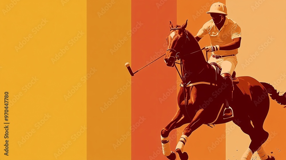 Poster Polo player silhouette riding a horse while swinging a mallet with dynamic motion lines showing control and strength Large space for text in center Stock photo with copy space