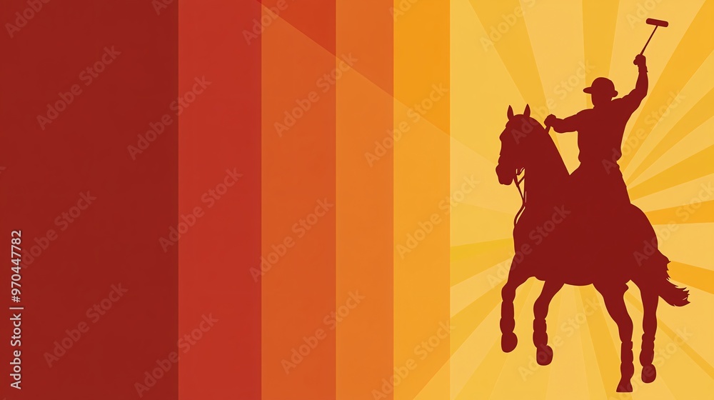 Poster Polo player silhouette riding a horse while swinging a mallet with dynamic motion lines showing control and strength Large space for text in center Stock photo with copy space