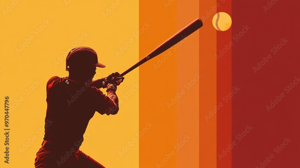 Poster baseball batter silhouette swinging a bat with glowing ball flying off symbolizing power and accurac