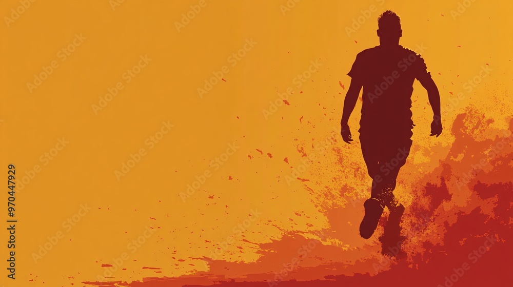 Poster Football player silhouette kicking the ball with explosive motion lines capturing the energy and precision of the moment Large space for text in center Stock photo with copy space