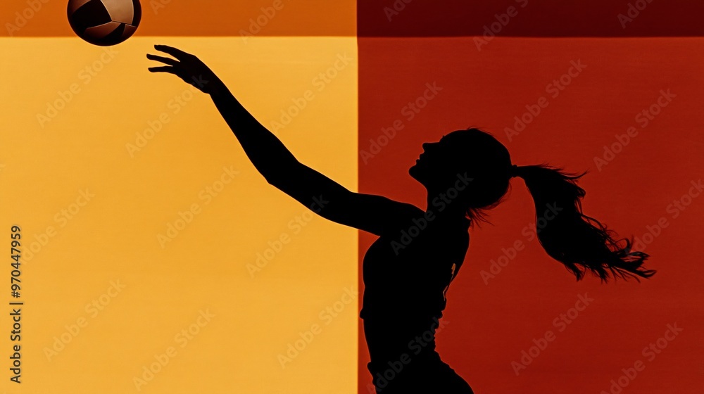 Aufkleber Volleyball player silhouette diving for a ball with sharp motion lines symbolizing teamwork and dedication in the action scene Large space for text in center Stock photo with copy space