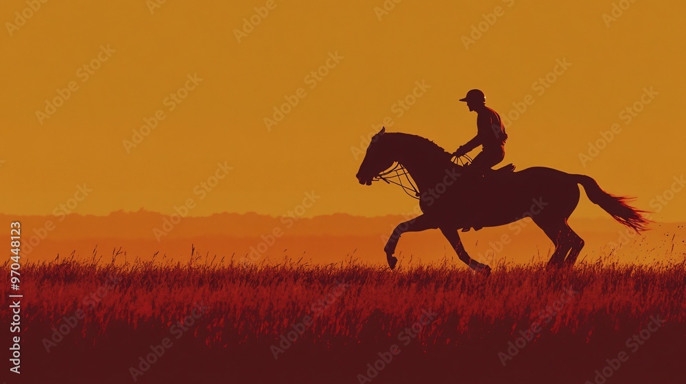 Poster Polo player silhouette guiding the horse in full gallop with motion blur showing agility and control in a high-speed action scene Large space for text in center Stock photo with copy space