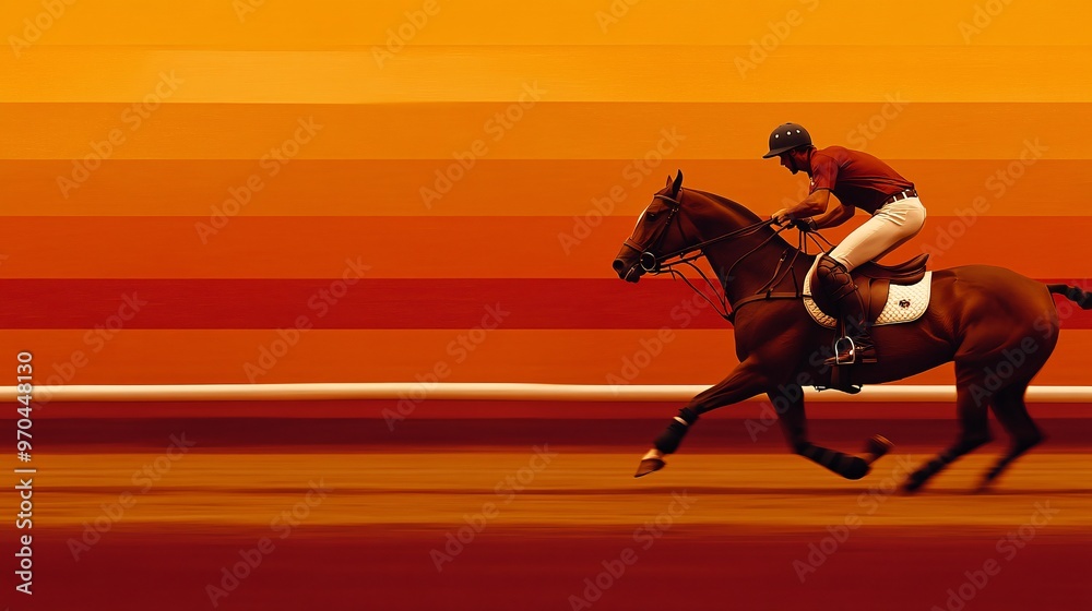 Poster Polo player silhouette guiding the horse in full gallop with motion blur showing agility and control in a high-speed action scene Large space for text in center Stock photo with copy space