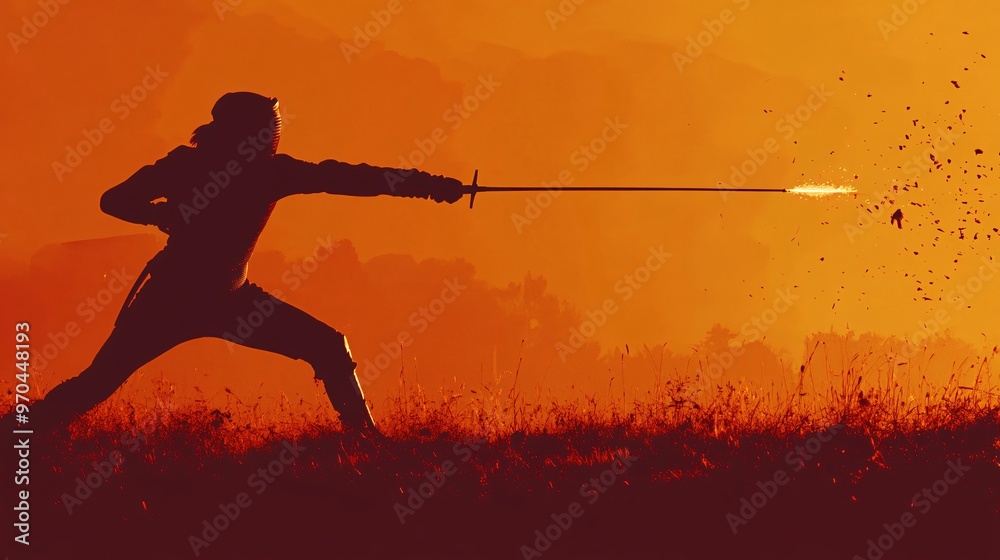 Aufkleber Fencer silhouette making a defensive block with sharp motion lines and sparks flying off the swords symbolizing quick reflexes Large space for text in center Stock photo with copy space