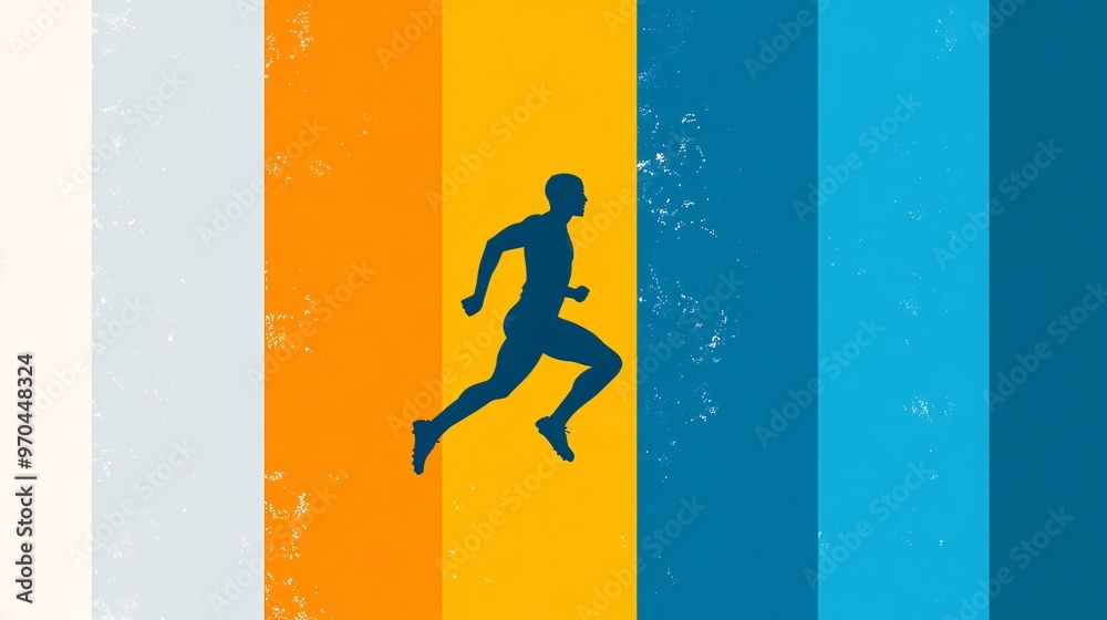 Poster Football player silhouette in a sprinting pose with motion blur effects emphasizing speed and determination against a colorful abstract background Large space for text in center Stock photo with copy